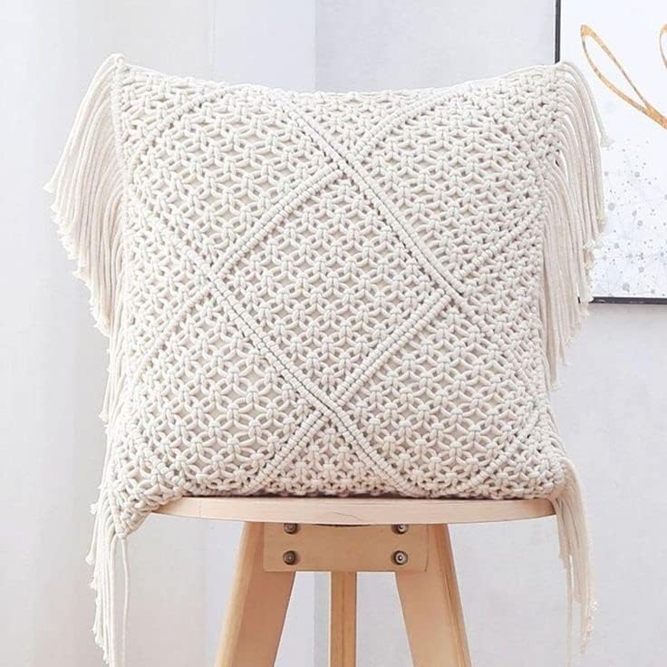 Handmade Macrame Cushion Cover | Cotton Cushion Cover with Fringes | 40x40cm | Boho Decor