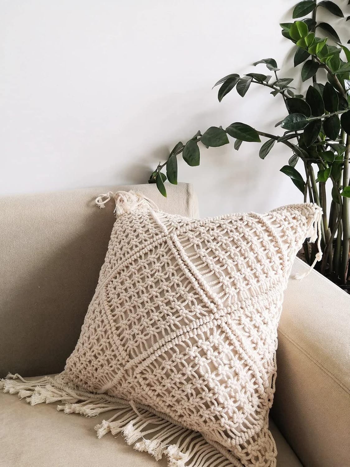 Handmade Macrame Cushion Cover | Cotton Cushion Cover with Fringes | 40x40cm | Boho Decor