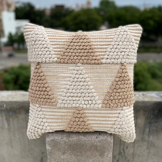 Boho Cushion Cover with Geometric Pattern | 45x45cm | Beige & White | Textured Cotton | Handmade
