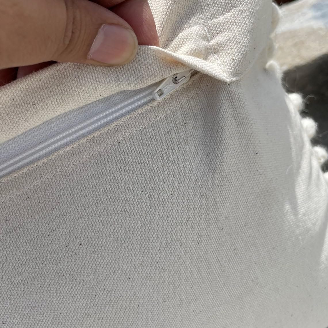 Boho Cushion Cover with Geometric Pattern | 45x45cm | Beige & White | Textured Cotton | Handmade