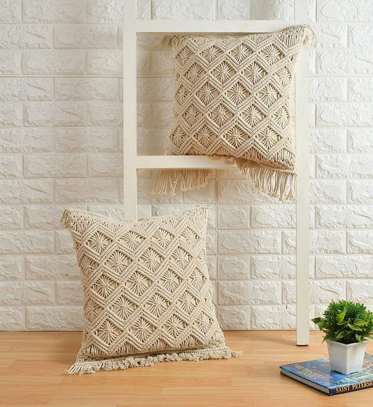 Handwoven Macrame Cushion Cover | 18"x18" (45x45cm) | Natural Cotton | Boho Style