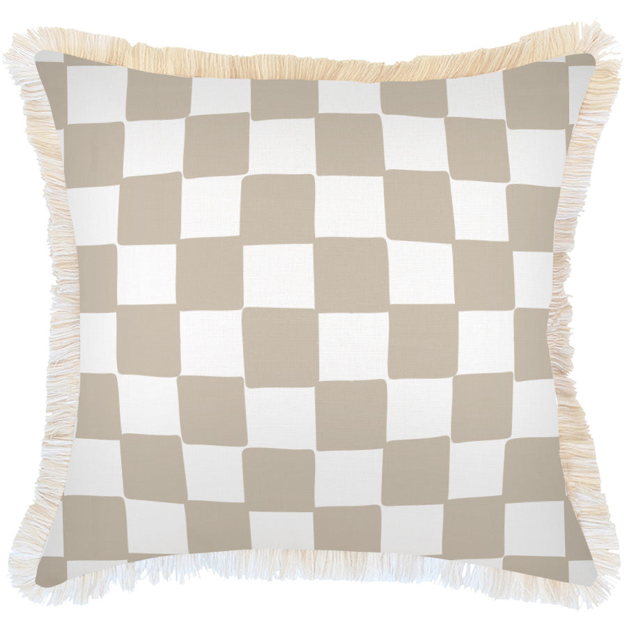 Cushion Cover-Coastal Fringe-Check Beige-60cm x 60cm