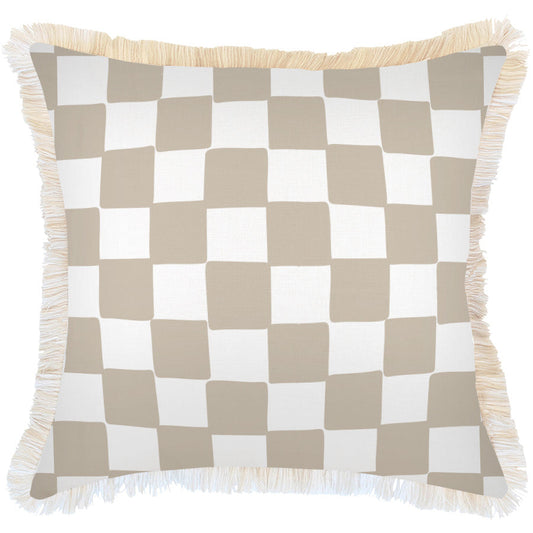 Cushion Cover-Coastal Fringe-Check Beige-60cm x 60cm