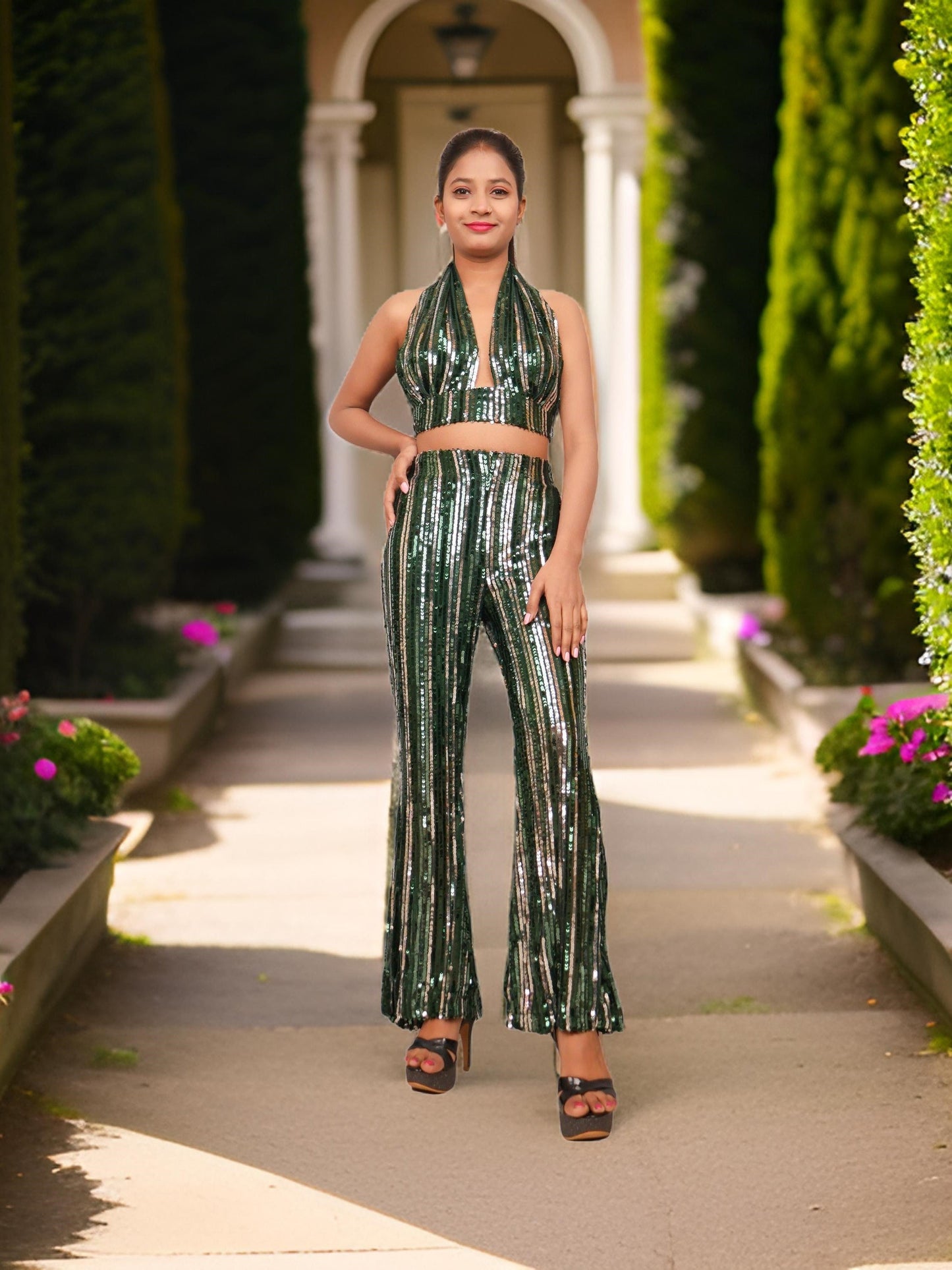 Glamour Halter Neck Sequins Bodycon Co-Ord Set by Shreekama-7