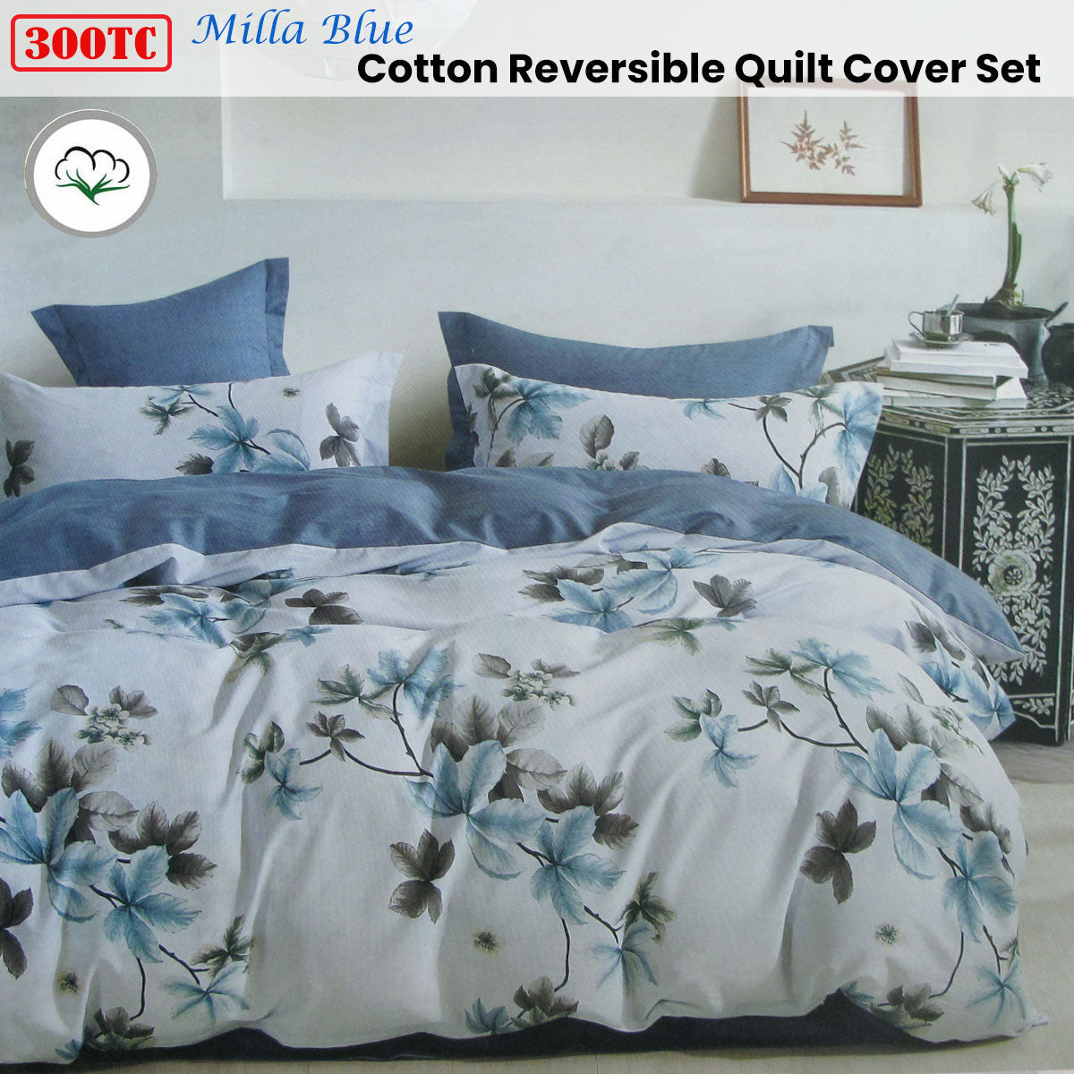 NNEDSZ 300TC Milla Blue Reversible Cotton Quilt Cover Set Queen