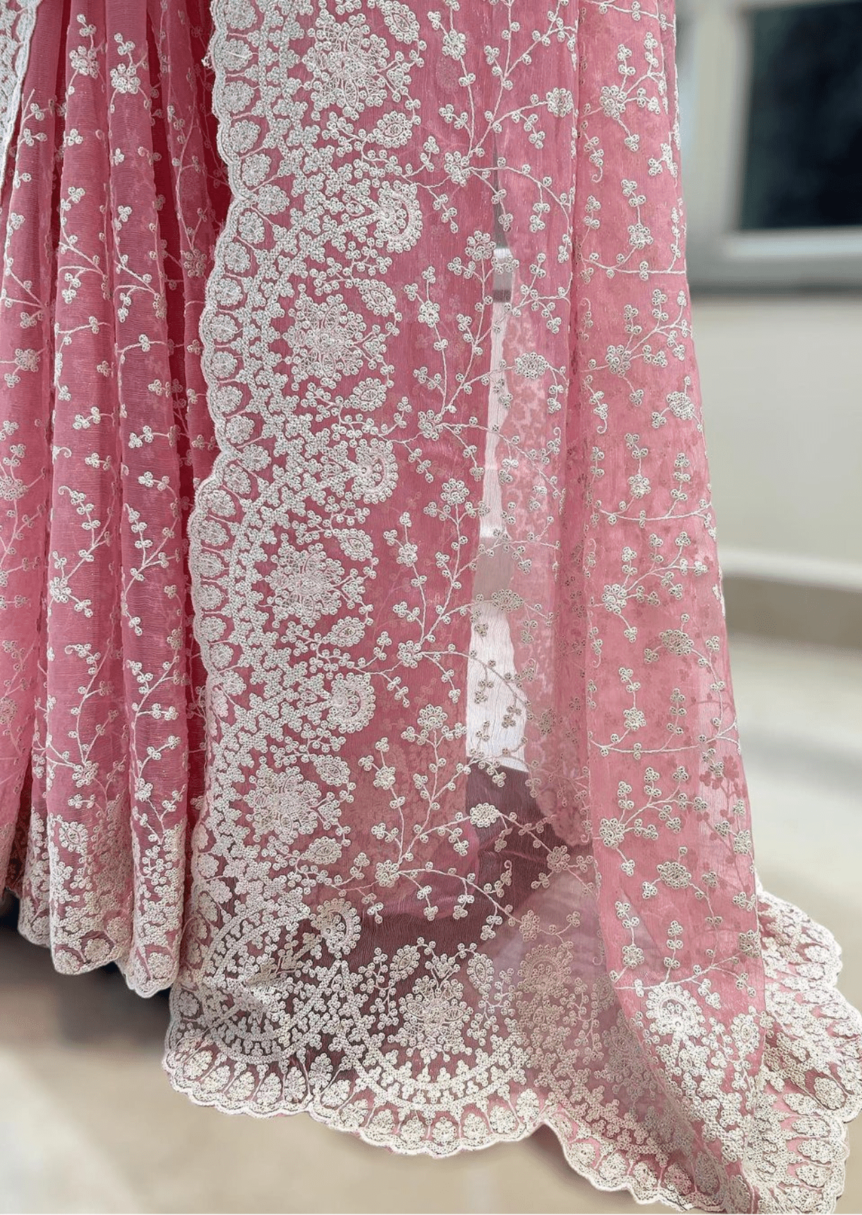 Blush Elegance Pink Embroidered Net Saree-3