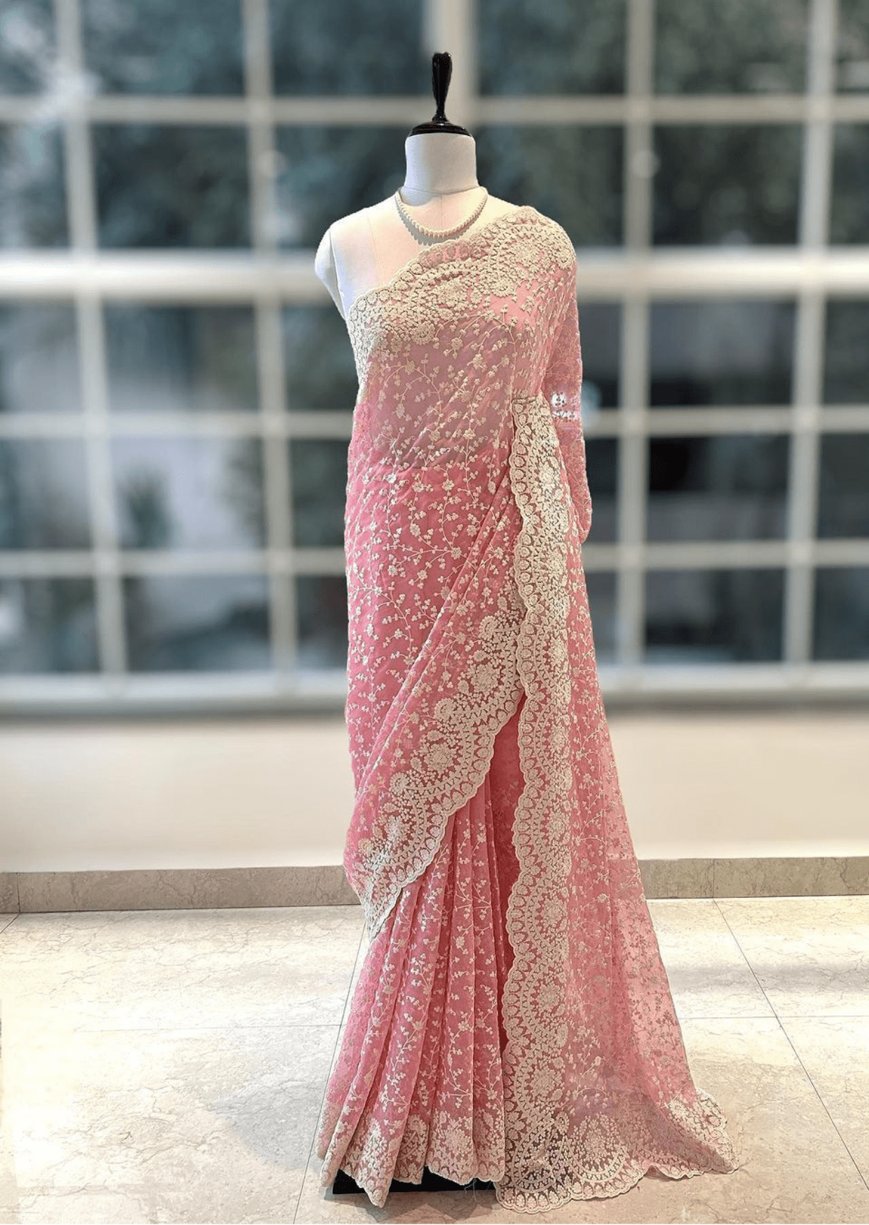 Blush Elegance Pink Embroidered Net Saree-0