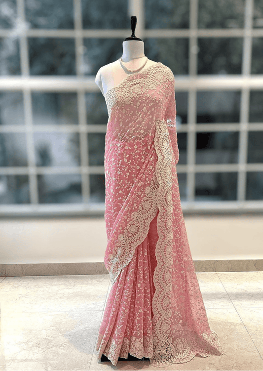 Blush Elegance Pink Embroidered Net Saree-0