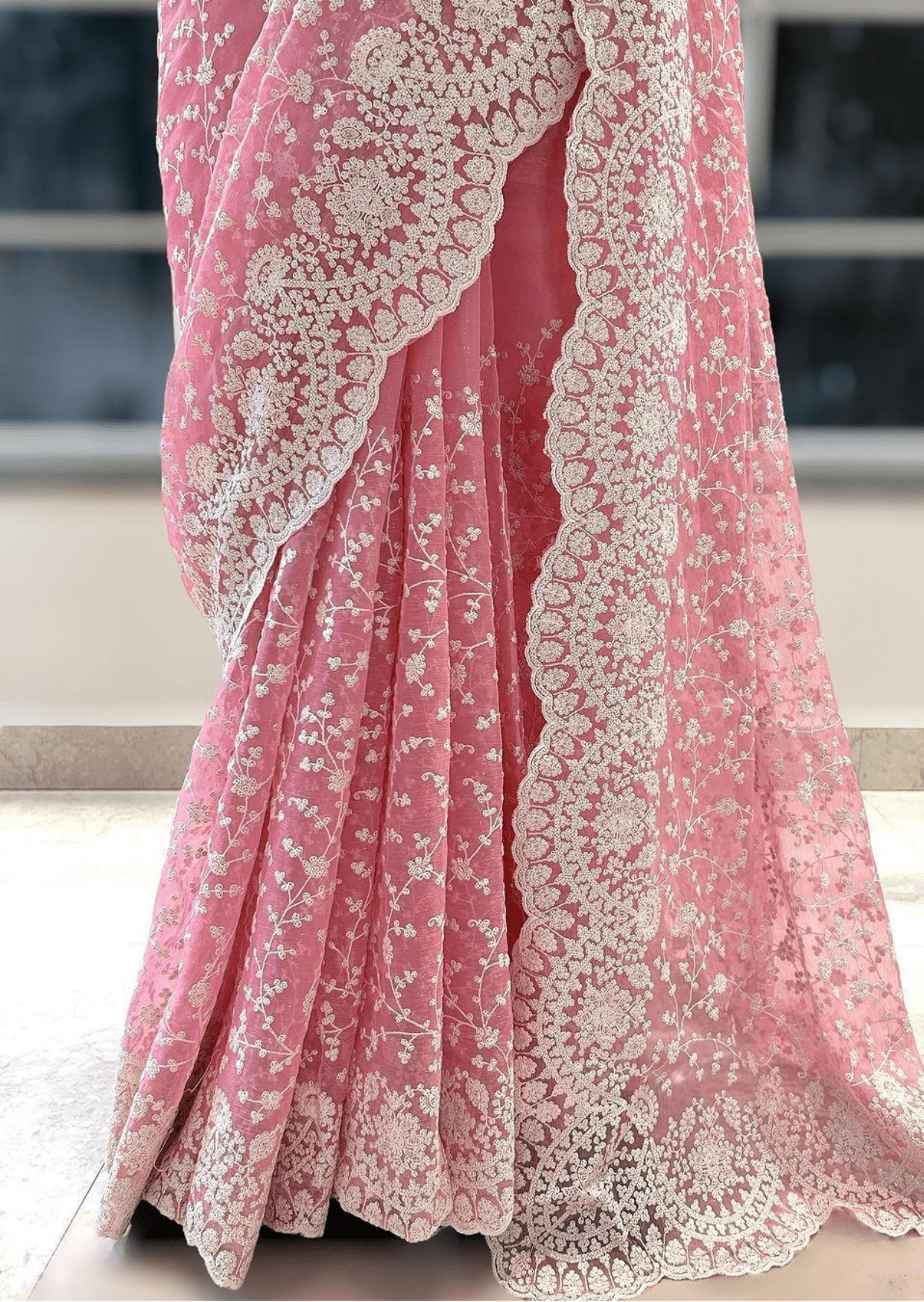 Blush Elegance Pink Embroidered Net Saree-2