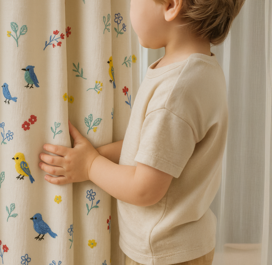Embroidered Birds and Flowers Linen Curtains - Custom Sizes - Single or Pair - Light Filtering or 100% Blackout Liner - Rod & Track Compatible - OEKO-TEX® Certified
